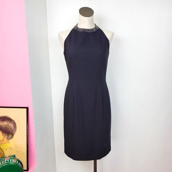 Vintage 90s Black Beaded Trim Open Back Halter Sheath Dress - Picture 2 of 7